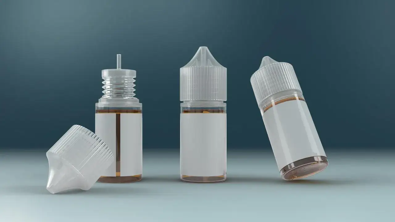 Tres botellas de plástico transparente con líquido ámbar y etiquetas blancas. Una tapa yace a un lado. ¿Qué es el propilenglicol?
