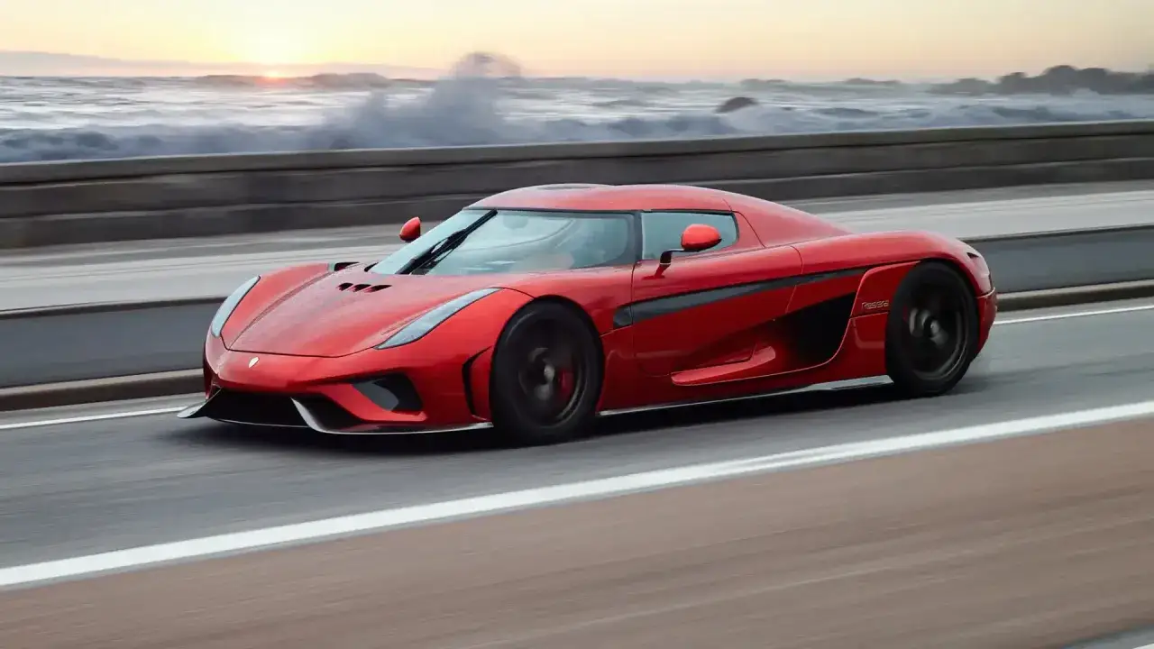 Czerwony Koenigsegg Agera pędzi wzdłuż wybrzeża, fale rozbijają się o brzeg, a słońce zachodzi nad horyzontem.