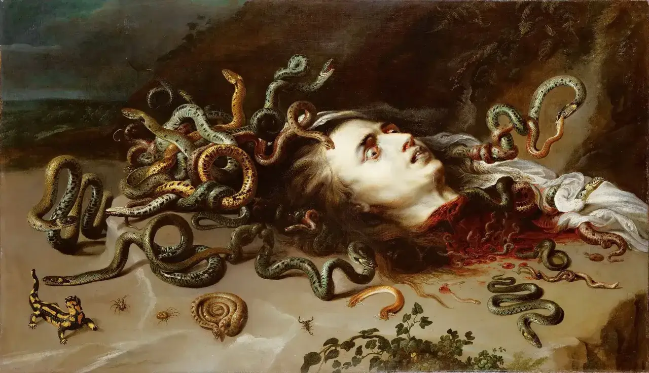A dramatic depiction of Medusa in art, her severed head lies amidst a writhing mass of snakes, a chilling testament to her myth.