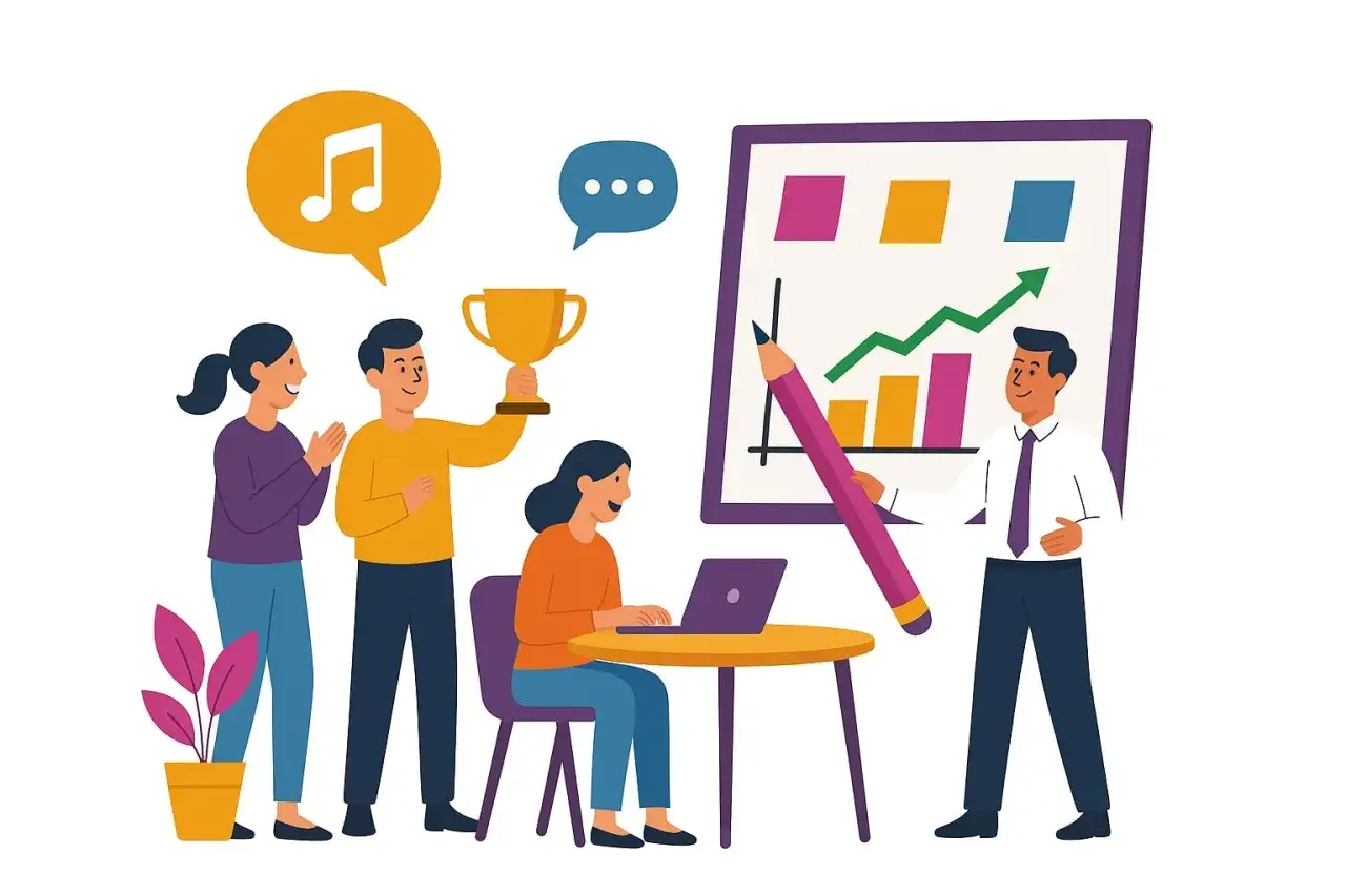 Une équipe célèbre un succès avec une coupe, un tableau de bord et un crayon géant. Une communication interne originale qui motive !