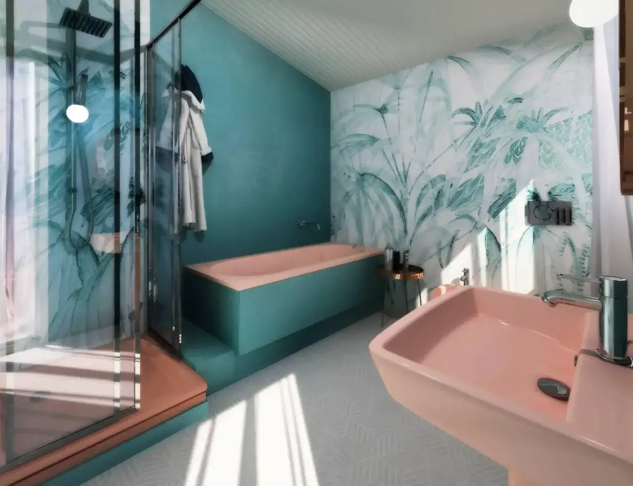 Bagno tropicale con vasca e lavabo rosa, doccia con carta da parati botanica. Idee per rinnovare il bagno senza togliere le piastrelle.