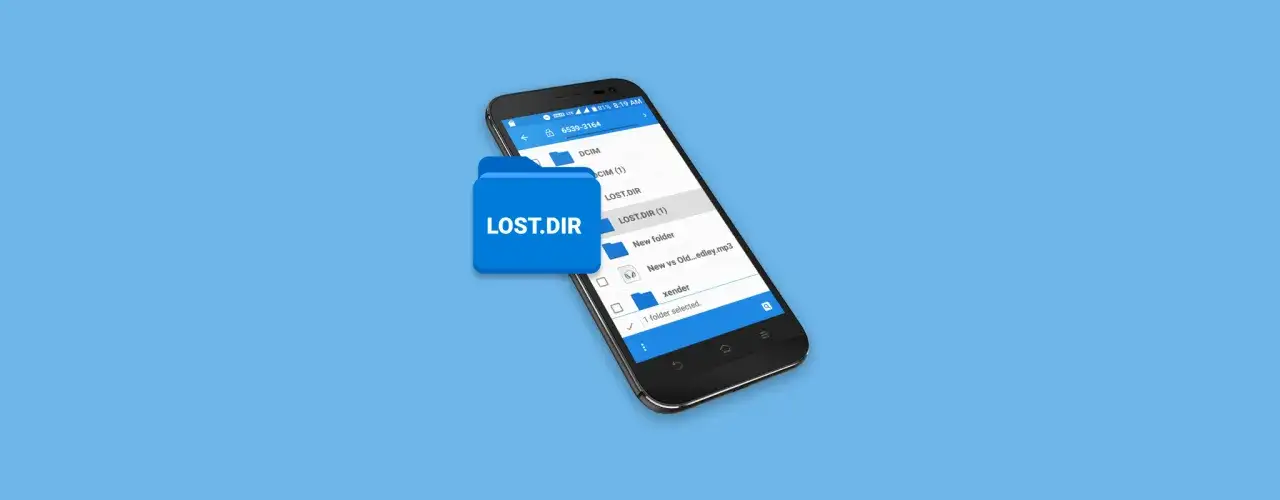 Ikona folderu LOST.DIR unosi się nad ekranem telefonu, gdzie widać listę plików i folderów.