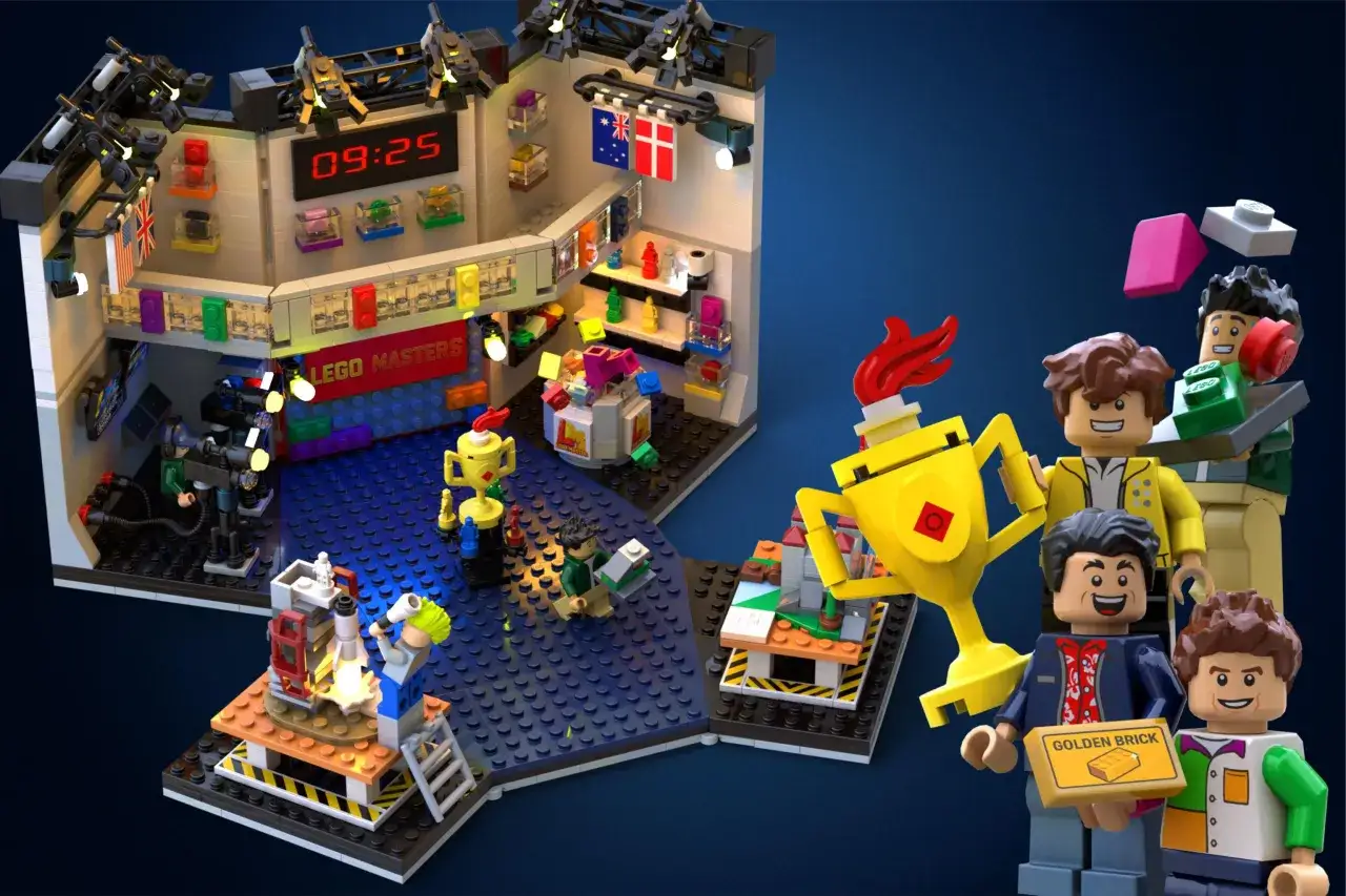 Lego Masters Sverige-studion med tävlande, en gyllene trofé och en