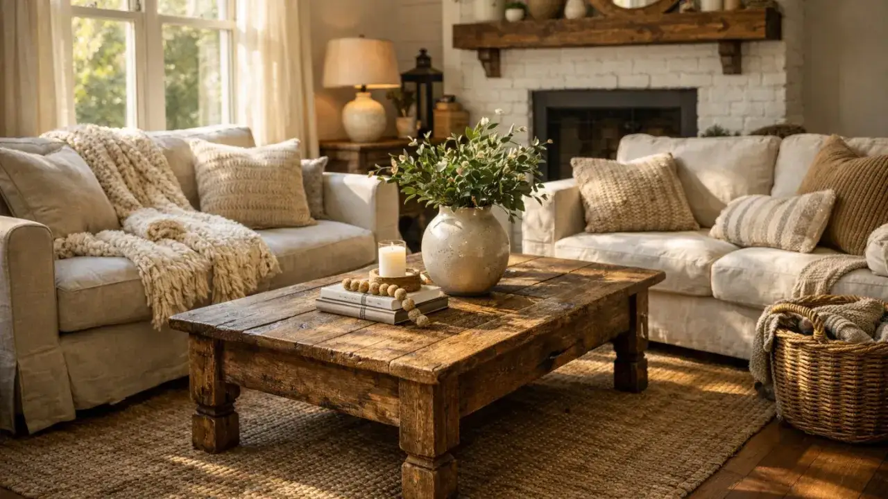 Cozy living room with plush sofas, a rustic wooden coffee table, and a fireplace, all embodying a warm farmhouse style.