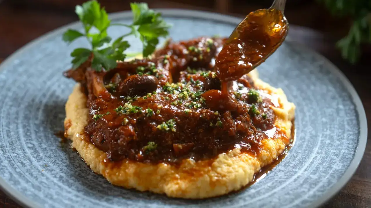 Osso buco jugoso y tierno sobre polenta cremosa, ba&ntilde;ado en una rica salsa. Un bocado de sabor italiano.