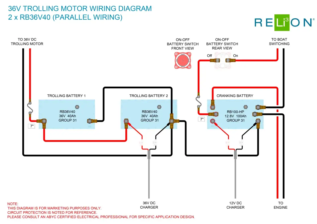 Schema cablaggio motore elettrico 36V con due batterie RB36V40 in parallelo. Ottimo consiglio batteria motore elettrico.