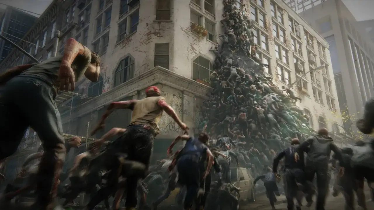 Una horda de zombis escala un edificio en una escena apocalíptica, evocando la intensidad de Guerra Mundial Z 2.