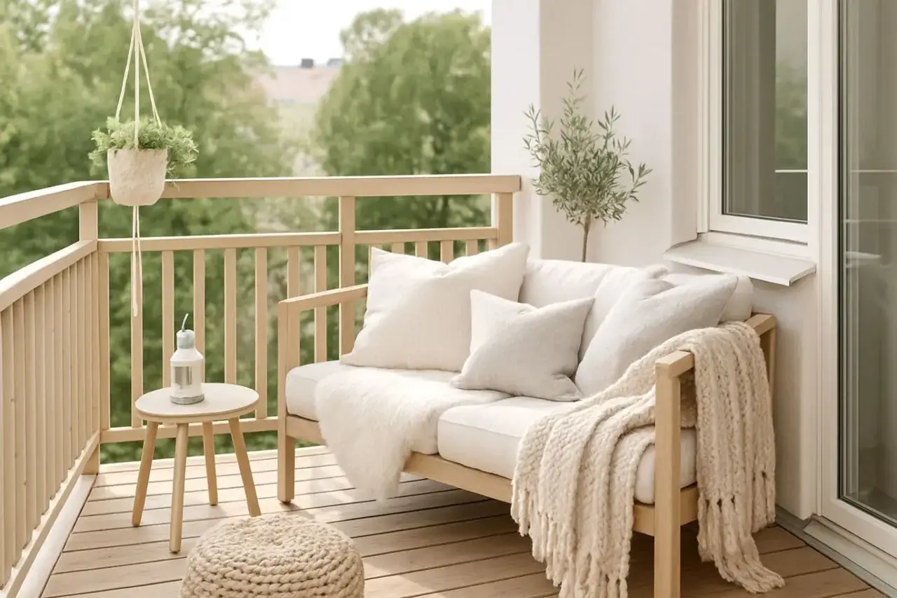 Jasny, drewniany balkon z sofą i poduszkami. Wysokość balustrady balkonowej zapewnia bezpieczeństwo i piękny widok na zieleń.