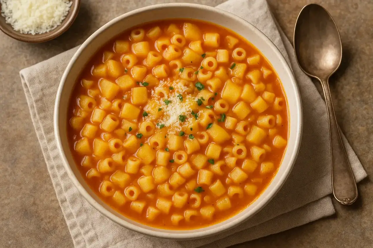 Un piatto fumante di pasta e patate, condito con parmigiano e prezzemolo, pronto per essere gustato.