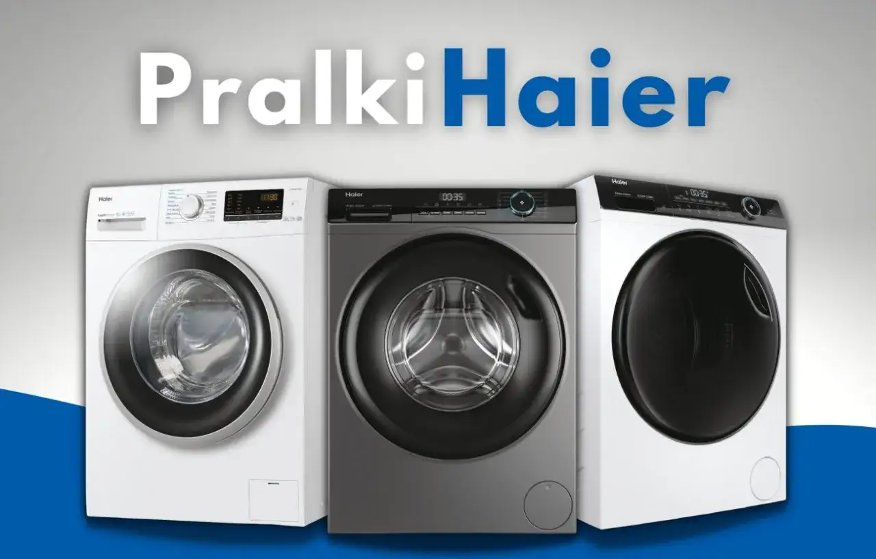 Trzy nowoczesne pralki Haier prezentują się obok siebie. Sprawdź pralka Haier opinie i wybierz najlepszy model dla siebie.