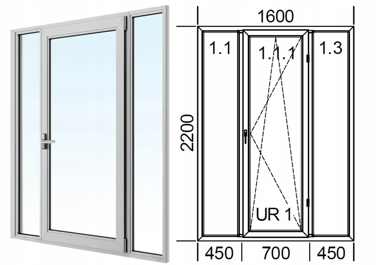 Balkonowe okno z trzema skrzydłami, wymiary: 1600x2200 mm. Skrzydła mają szerokość 450 mm, 700 mm i 450 mm.
