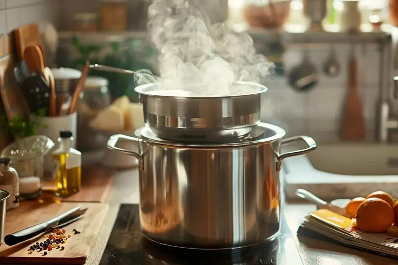 Une casserole est pos&eacute;e sur une plus grande, cr&eacute;ant un bain-marie pour r&eacute;chauffer doucement un plat. La vapeur s'&eacute;chappe, signe d'une cuisson d&eacute;licate.