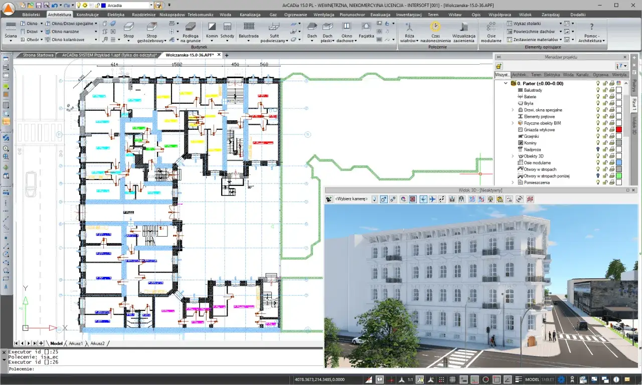Projekt budynku mieszkalnego w programie **CAD**. Widok planu piętra z elementami architektonicznymi i instalacyjnymi, obok wizualizacja 3D fasady.