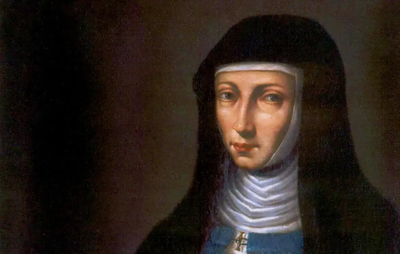 Portret zakonnicy w habicie, zamyślonej, jakby widziała mistyczne miasto boże.