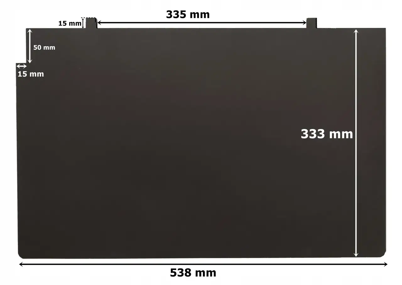 Płaski, czarny deflektor do kominka Nordflam, z widocznymi wymiarami 538x333 mm.
