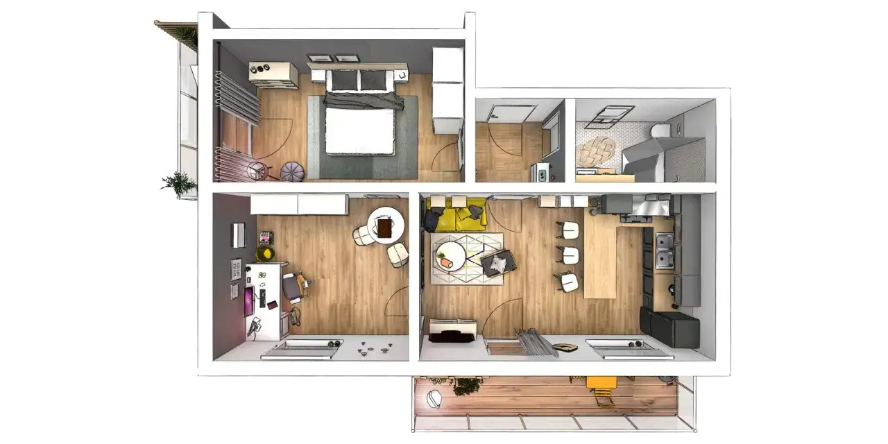 Grundriss einer Wohnung mit Schlafzimmer, Bad, Wohnbereich, Küche und Arbeitsplatz. Ideal, um die Wohnungseinrichtung planen zu können.