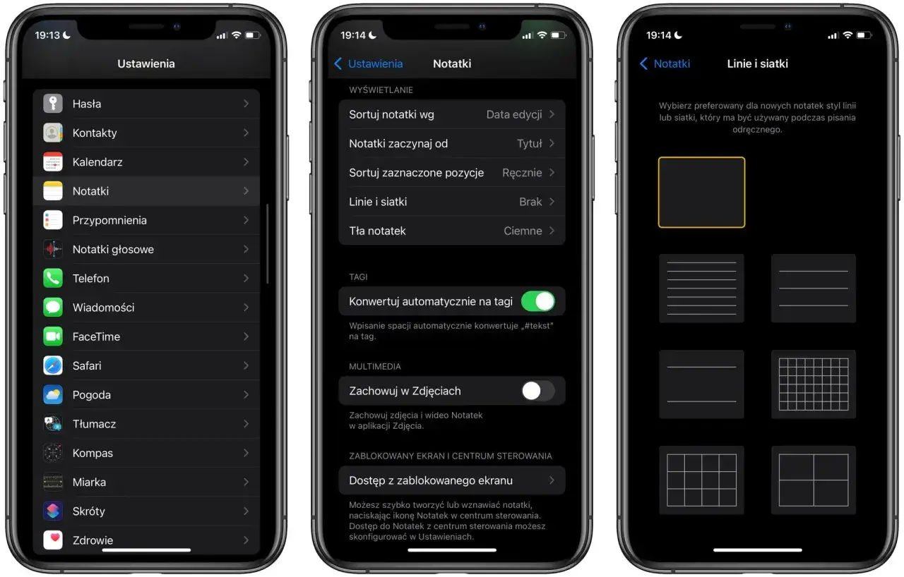 Ustawienia Notatek w iOS 26: linie i siatki, automatyczne tagowanie, zapis multimediów. Wybór stylu linii lub siatki dla notatek.