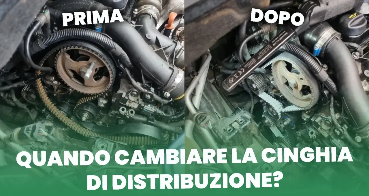 Motore auto con cinghia di distribuzione prima e dopo la sostituzione. La cinghia di distribuzione &egrave; fondamentale per il corretto funzionamento del motore.