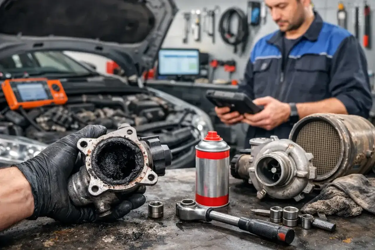 Mechanik pokazuje mocno zabrudzony zawór EGR, przygotowując się do jego czyszczenia. Obok leżą turbosprężarka i puszka preparatu.