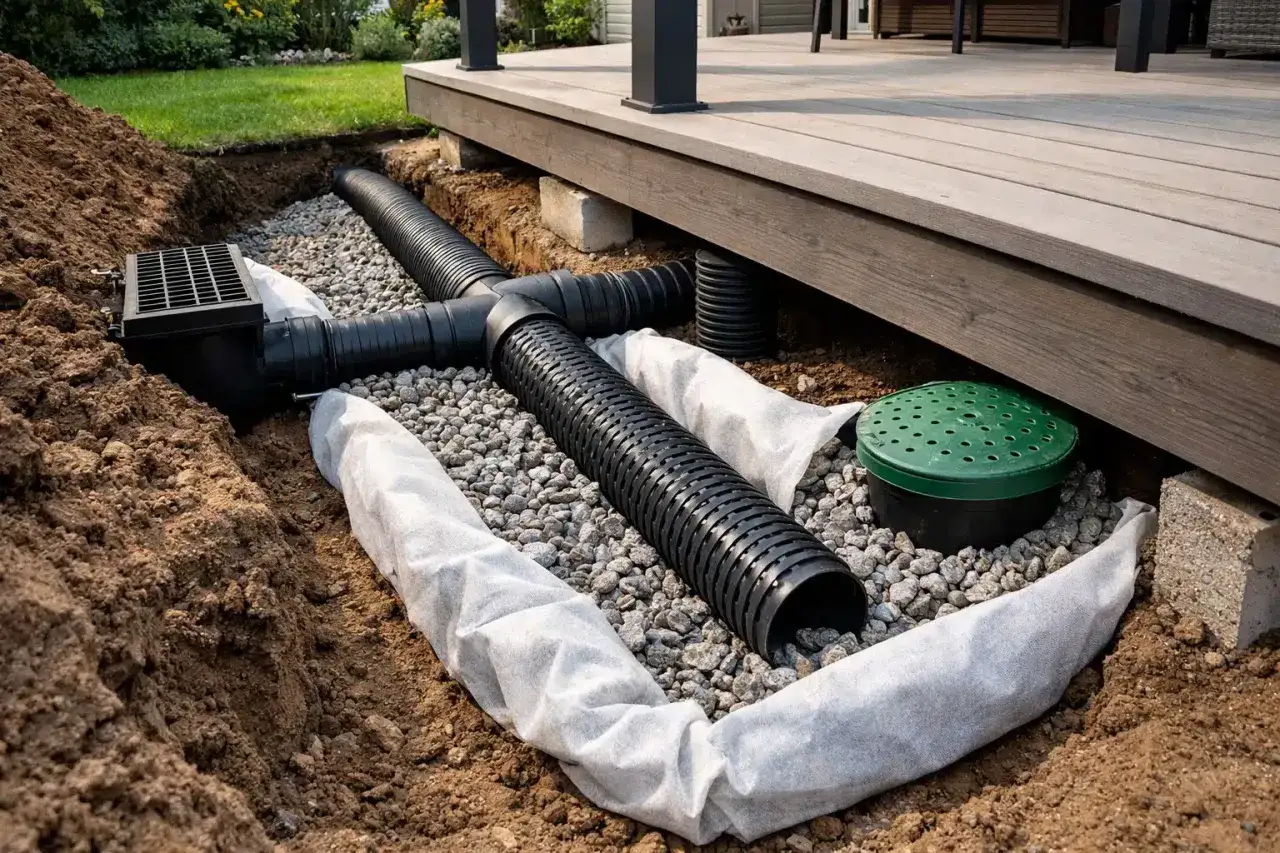 Système de drainage sous une terrasse en bois. Tuyaux perforés et gravier pour un bon aménagement.