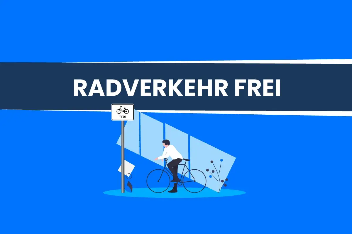 Radverkehr frei! Ein Mann f&auml;hrt Fahrrad unter dem Zusatzzeichen 1022-10, das Radfahrern freie Fahrt signalisiert.