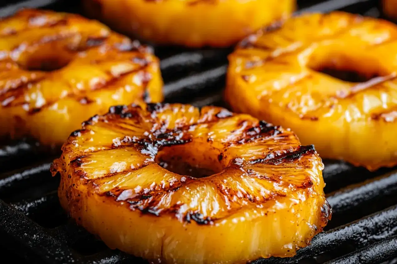 Saftige Ananasscheiben mit Grillstreifen auf einem Rost. Das Ananas grillen verzaubert die Frucht mit süßen, karamellisierten Aromen.