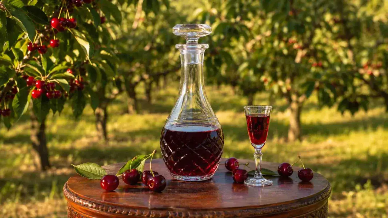 W karafce i kieliszku ciemnoczerwony alkohol z wiśni, obok świeże owoce. W tle wiśniowy sad.