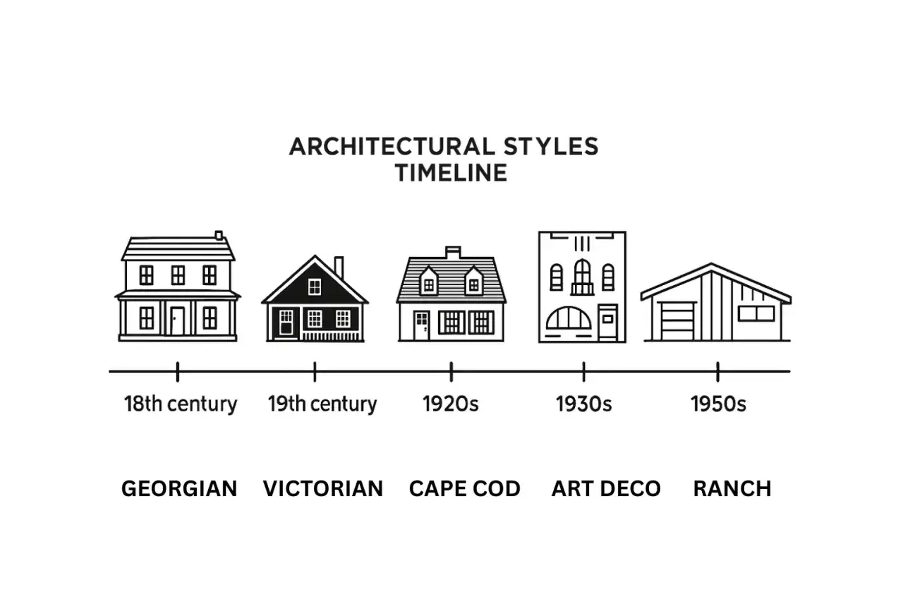 Zeitleiste mit verschiedenen Baustilen und Epochen: Georgian, Viktorianisch, Cape Cod, Art Deco, Ranch.