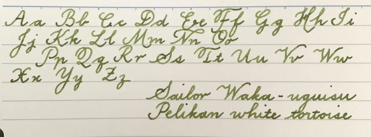 A cursive alphabet sample, from A to Z, written in green ink. Below, 