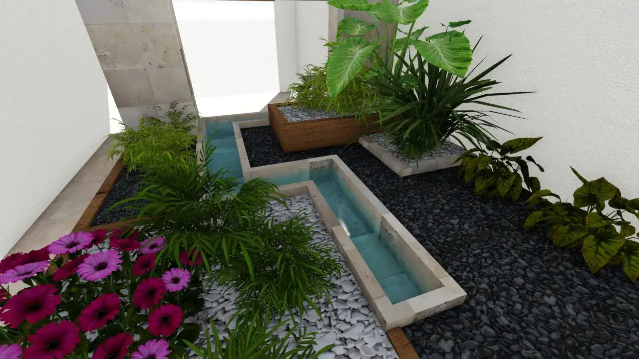 Un jard&iacute;n infinito con flores moradas, plantas exuberantes y un canal de agua que serpentea entre piedras oscuras y blancas.
