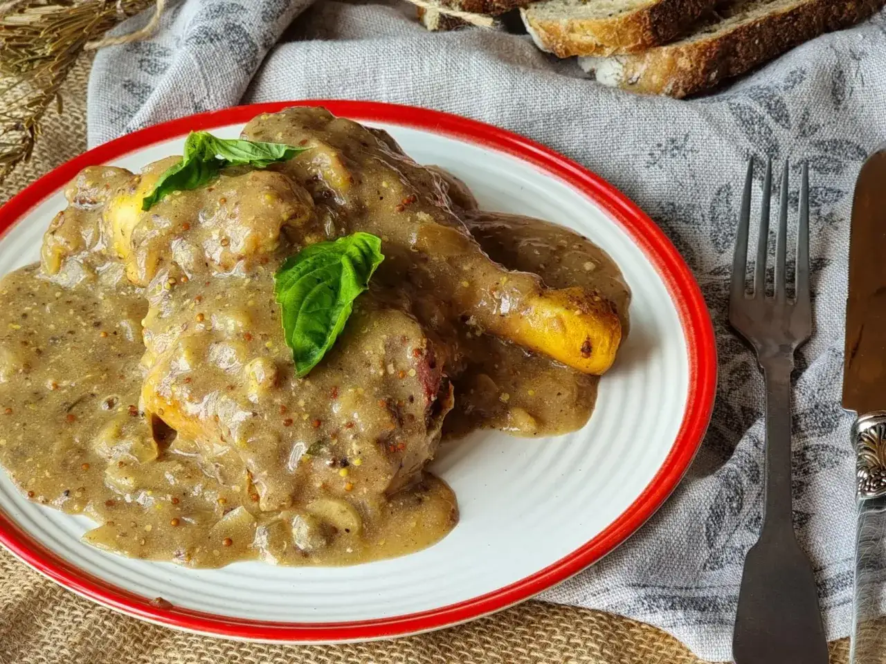 Delicioso pollo a la mostaza cubierto con una cremosa salsa, adornado con hojas verdes. Servido en un plato blanco con borde rojo, acompa&ntilde;ado de pan y cubiertos.