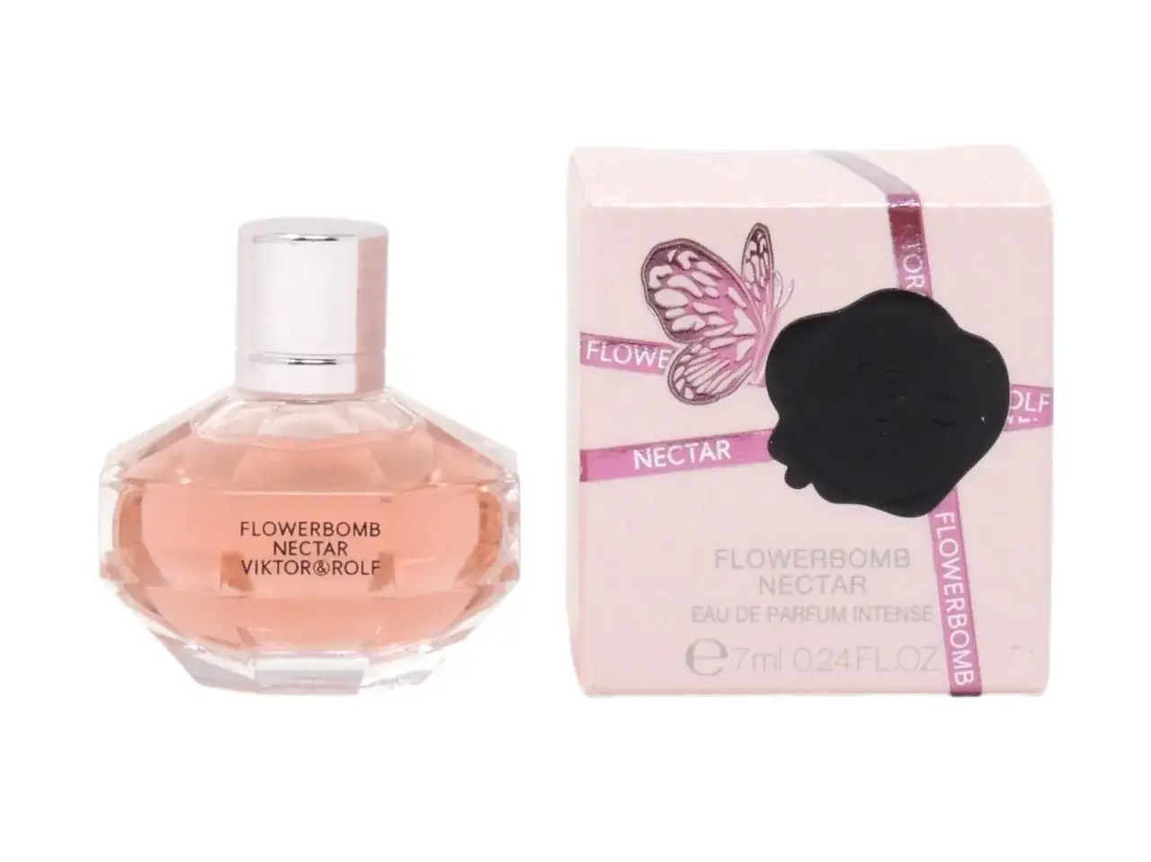 Perfumy Flowerbomb Nectar Viktor&Rolf w różowym flakonie i pudełku z motylem.