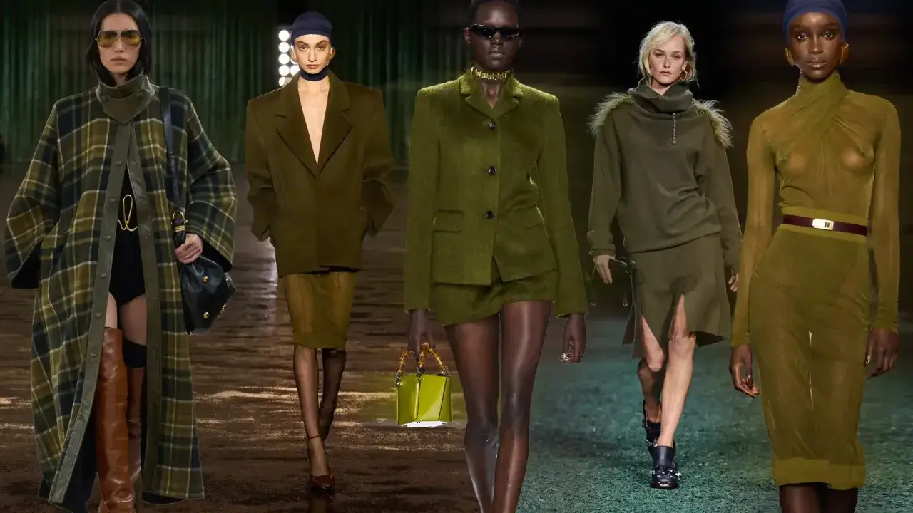 Modelki prezentują stylizacje w odcieniach **kolor khaki a oliwkowy**. Eleganckie płaszcze, garnitury i sukienki tworzą spójną, modną całość.