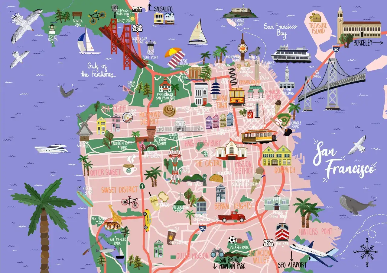 Ilustrowana mapa San Francisco z atrakcjami, mostami i dzielnicami. Czy San Francisco jest bezpieczne? Mapa pokazuje wiele miejsc do odwiedzenia.
