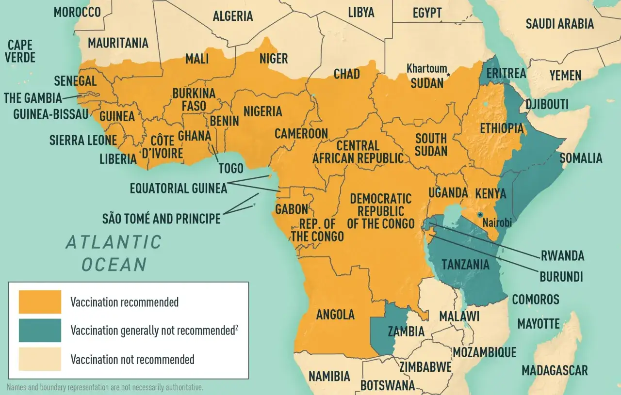 Mapa Afryki z zaznaczonymi regionami, gdzie gambia szczepienia są zalecane (pomarańczowy), generalnie niezalecane (niebieski) lub niezalecane (beżowy).
