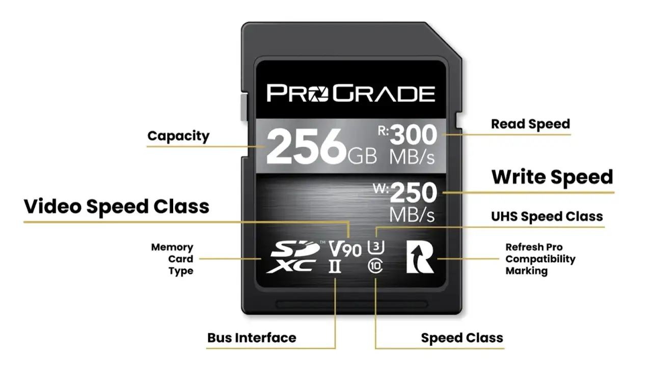 Karta ProGrade 256GB SDXC II V90 z odczytem 300 MB/s i zapisem 250 MB/s. Klasy predkosci sd gwarantują płynne nagrywanie wideo.