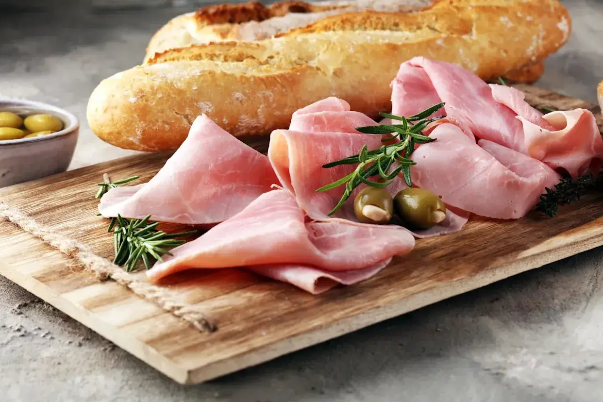 Tranches fines de jambon charcuterie savoureuses, garnies de romarin et d'olives, avec une baguette croustillante en arrière-plan.