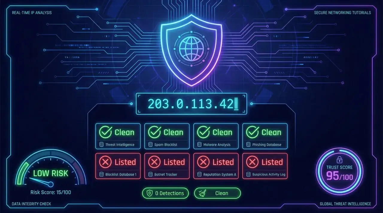 Analiza IP: 203.0.113.42. Wyniki: Threat Intelligence, Spam Blocklist, Malware Analysis, Phishing Database - czyste. Blacklist Database 1, Botnet Tracker, Reputation System A, Suspicious Activity Log - na liście RBL. Niskie ryzyko.
