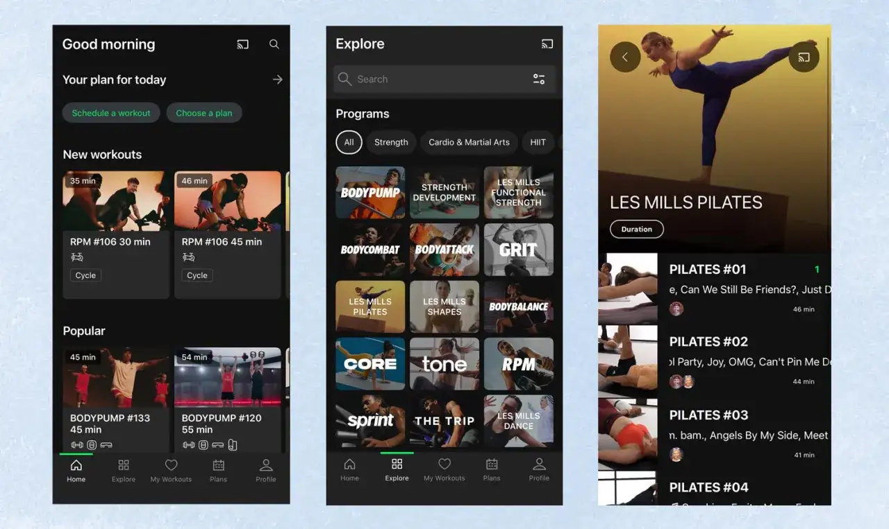 Fitness-App zeigt Trainingsoptionen. Hier kannst du deinen **online Trainingsplan erstellen**, von Cardio bis Krafttraining.