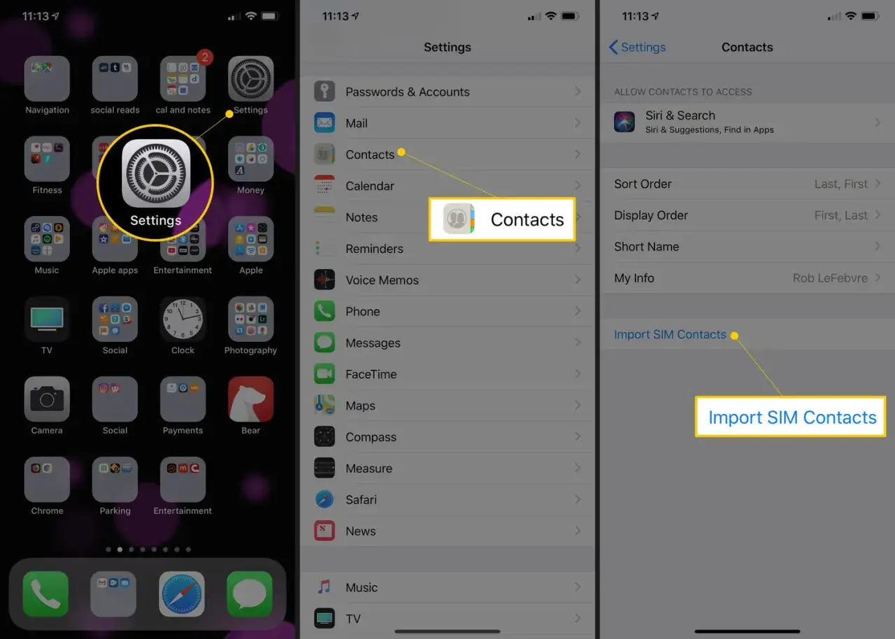 Inställningar på iPhone, välj Kontakter för att spara kontakter från SIM-kortet.