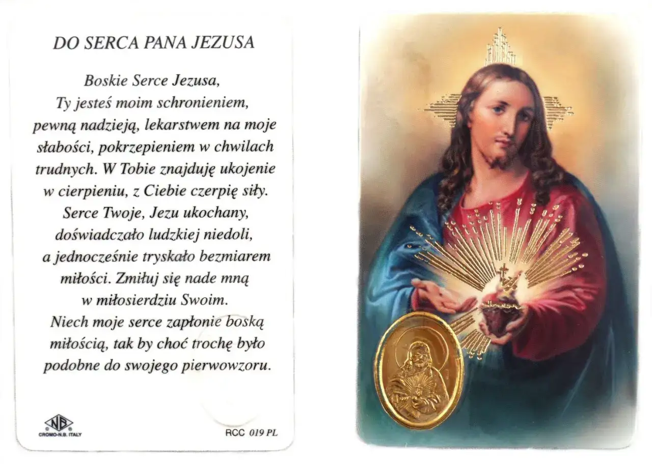 Modlitwa do Pana Jezusa: obraz przedstawia Serce Jezusa, symbol miłości i nadziei, z tekstem modlitwy.