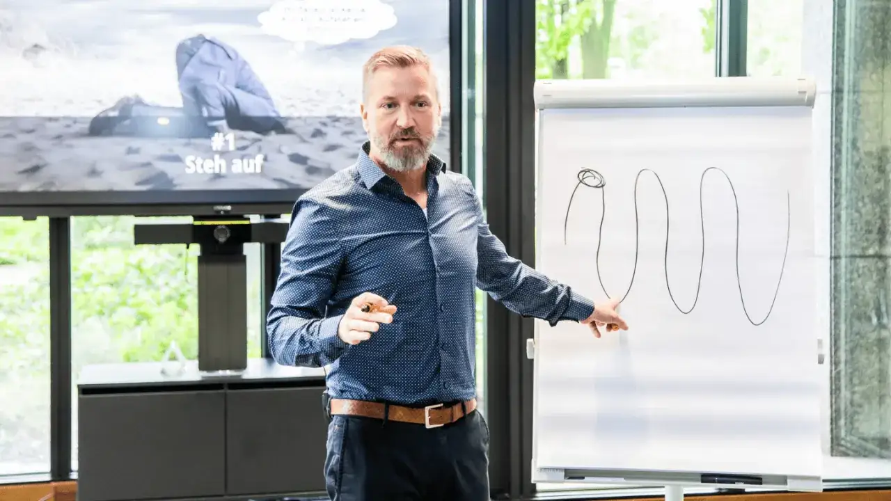 Mann erkl&auml;rt auf Flipchart den Weg zur erfolgreichen **life coach ausbildung**. Ein Bild mit der Aufschrift 