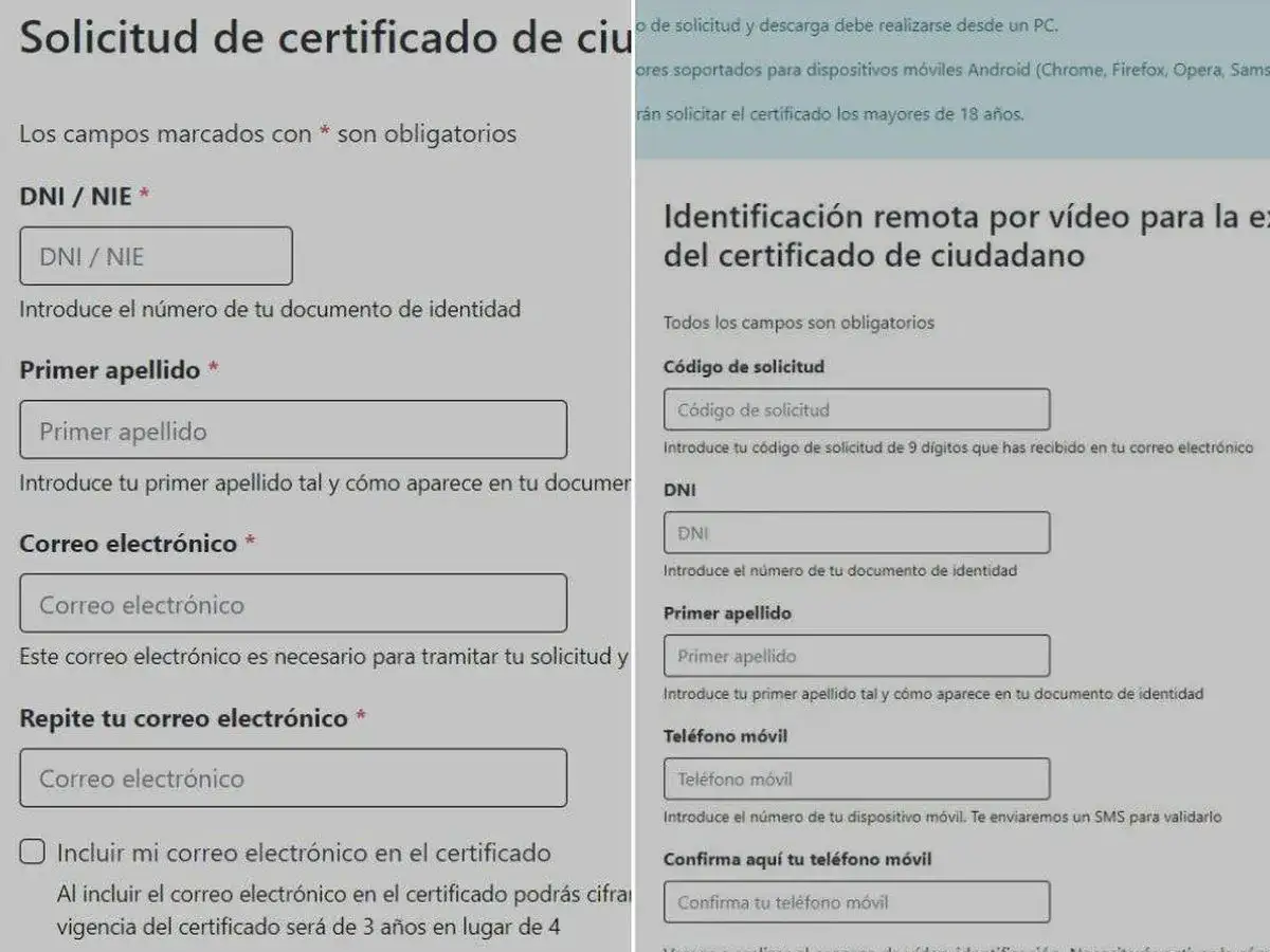 Formulario para solicitar y renovar el certificado electr&oacute;nico, pidiendo DNI, apellidos y correo electr&oacute;nico.