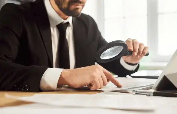 osoba analizująca dokumenty finansowe na laptopie