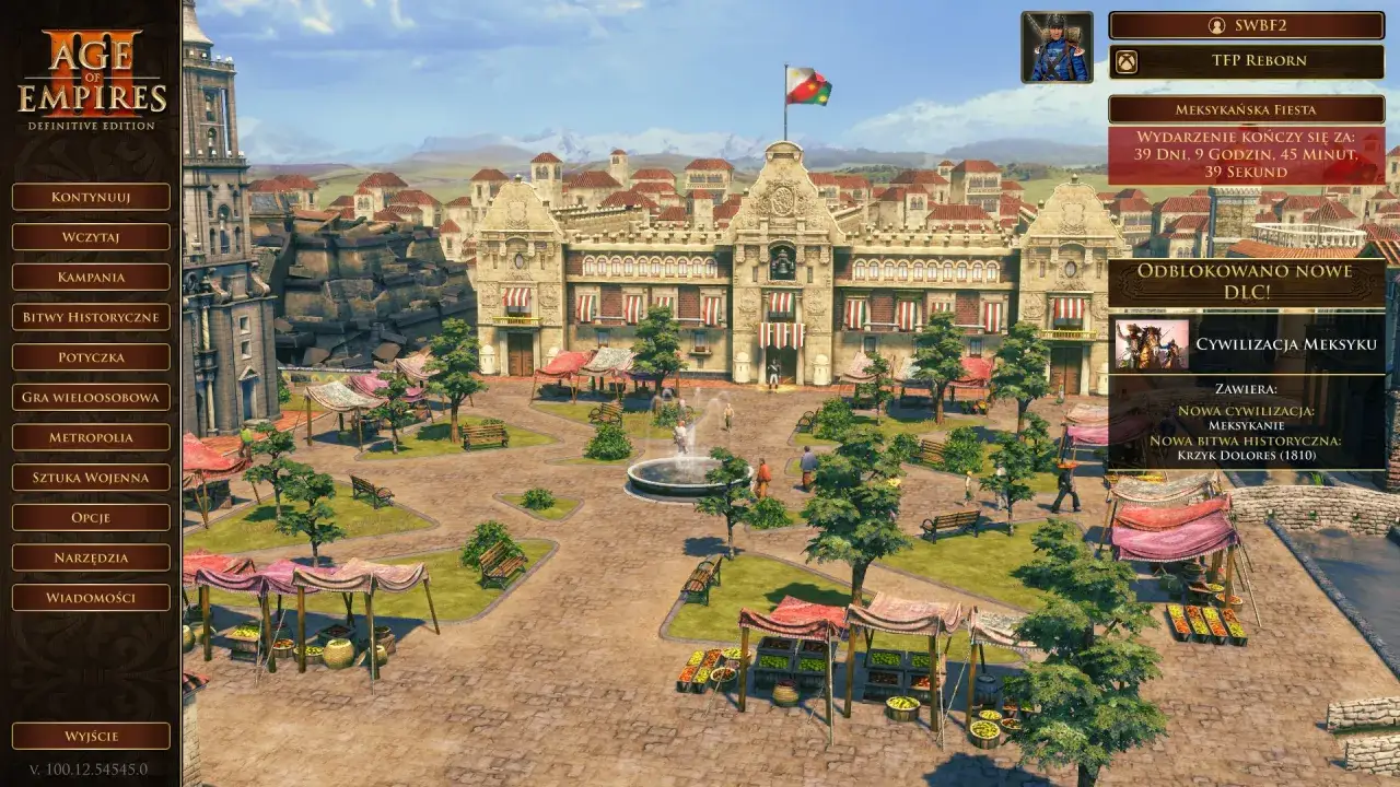 Menu gry Age of Empires: Definitive Edition, widok miasta. Dostępne jest spolszczenie.