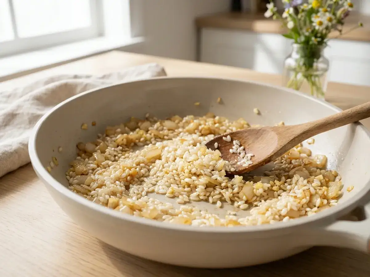 Reis und Zwiebeln werden in einer Pfanne f&uuml;r ein cremiges Risotto-Rezept angebraten. Ein Holzl&ouml;ffel r&uuml;hrt die Zutaten um.