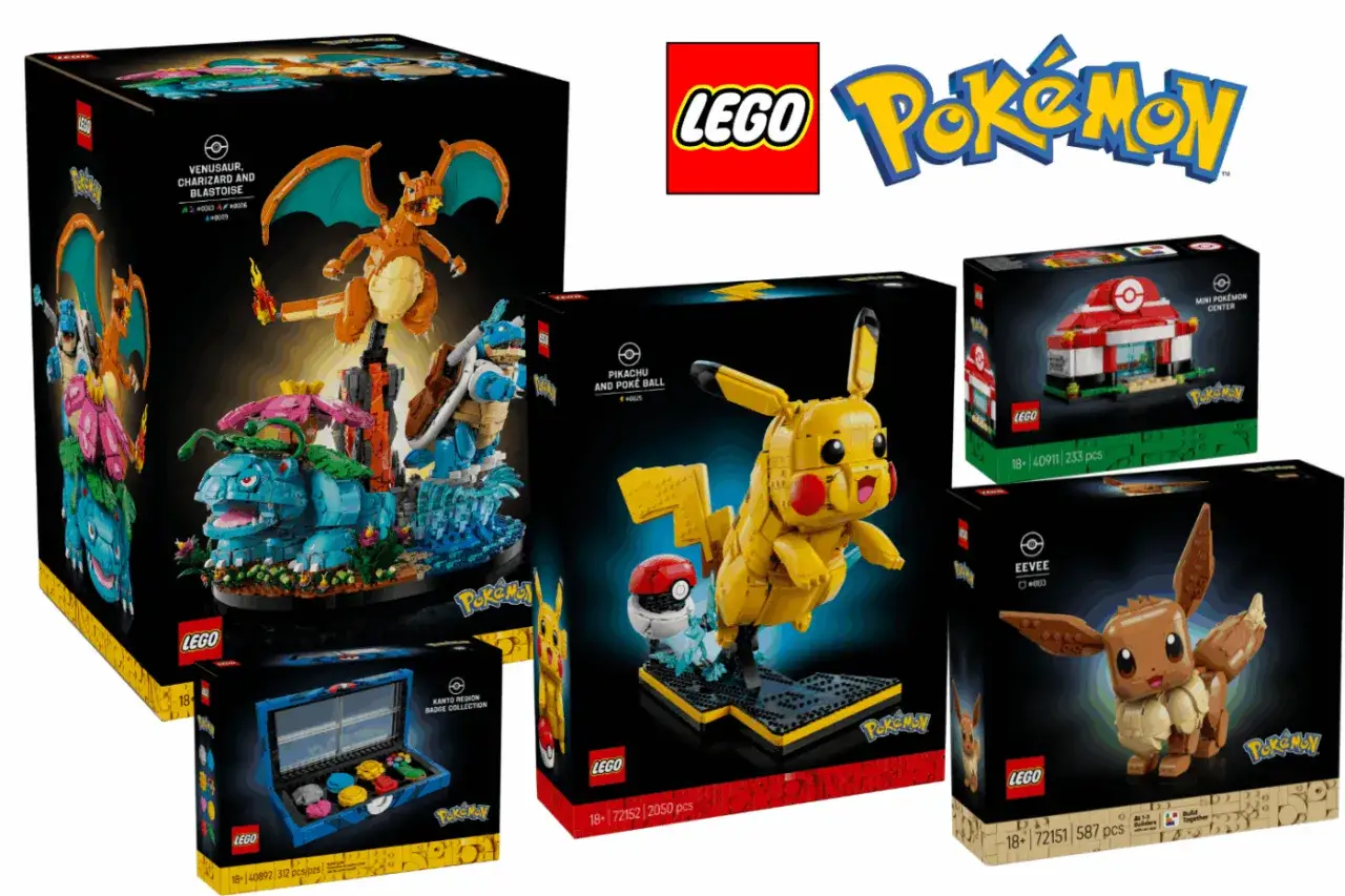 LEGO Pokémon Sets 2026: Venusaur, Charizard, Blastoise, Pikachu, Eevee, and a Pokémon Center.
