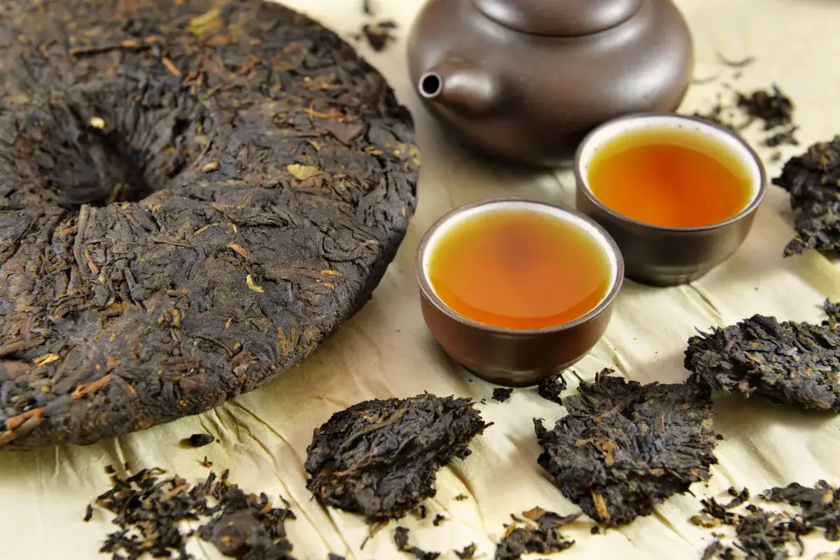 Okrągły placek ciemnego herbaty pu erh, dwie filiżanki naparu i luźne liście. Odkryj niezwykłe pu erh właściwości.