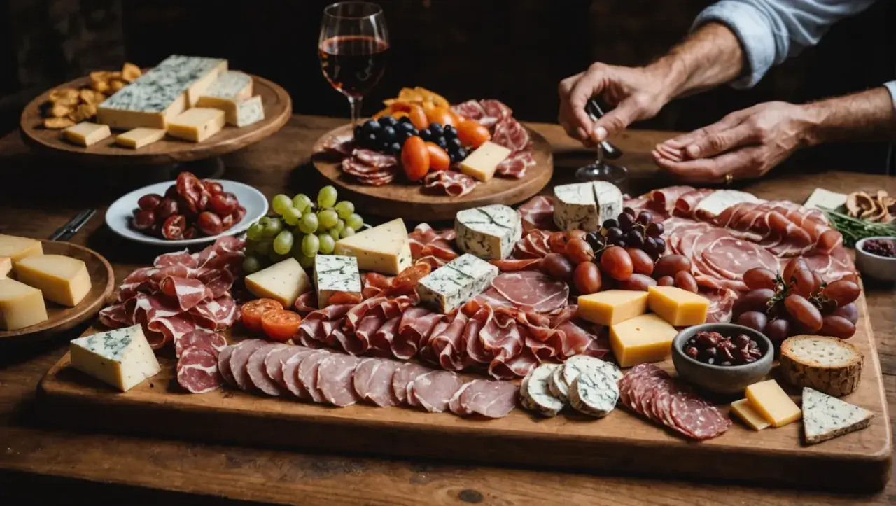 Un plateau généreux de charcuterie et fromages variés, avec des raisins et des tomates cerises. Parfait pour savoir quel vin avec charcuterie.