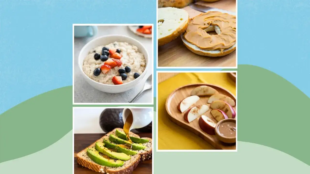 Porridge aux fruits, bagel au beurre de cacahuète, tartine d'avocat et pommes à la cannelle. Une alimentation saine pour le course à pied.